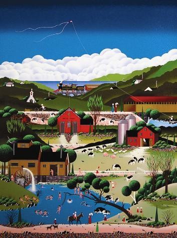 Nicky Watanabe Naive Art Print SKINNY DIPPING: This delightful "naif" (naive) print is by the very popular and avidly collected contemporary artist Nobou "Nicky" Watanabe: Title: "Skinny Dipping" 1989 Serigraph on paper Signed and numbered from a