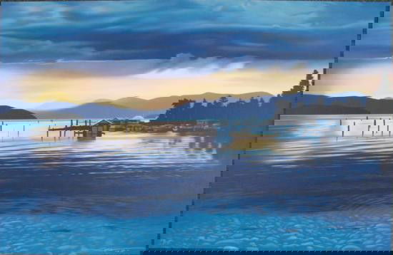 Vibrant Blue Surreal CRYSTAL CLEAR Licsko Art Print: This vibrant and vividly blue scene is by well-known artist Frank Licsko (Hungary, b. 1946): Title: "Crystal Clear" Serigraph on paper 25 × 38¾ Signed and dated (89) by the artist in pe