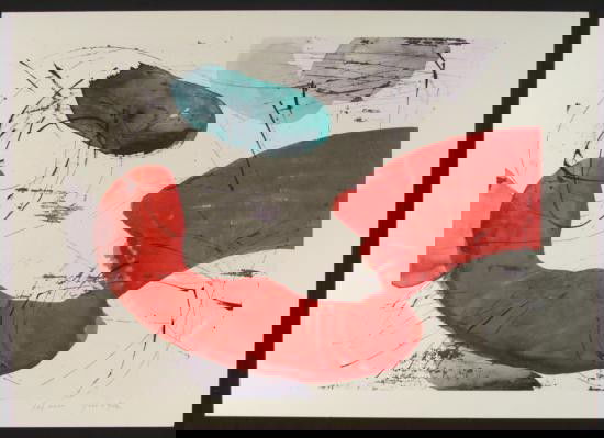 Yoshie Kanno Original Water Color Wax On Board #12: This is an original piece by artist Yoshie Kanno, done with watercolor and encaustic technique. In this abstract artwork, red, green, and purple shapes play amidst the circling black lines. Artist: Yo