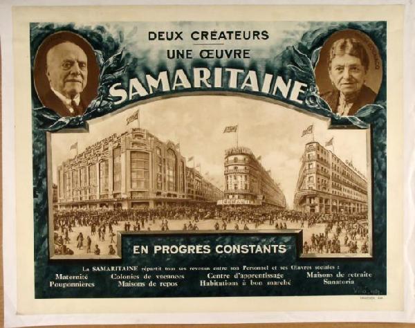 Samaritaine Paris Antique French Dept Store Poster 1929: This original poster is an advertisement for Samaritaine, a department store in Paris. The slogan at the top translates as Two Creators, one work of art. Those creators, or founders, are Ernest Cognac