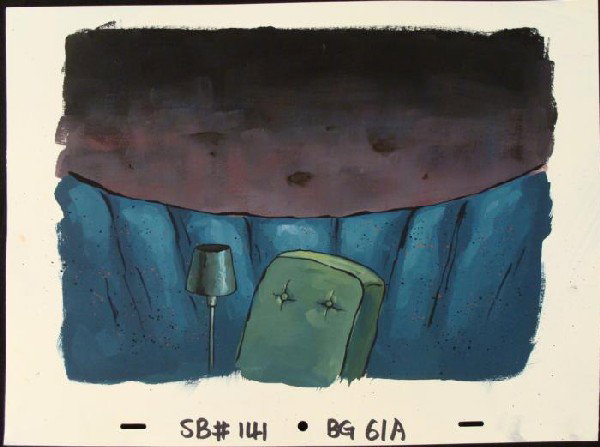 SpongeBob Original Under Rock Production Background Art: This original hand-painted background from the Nickelodeon TV show SpongeBob Squarepants. The story takes place under the deep blue sea in Bikini Bottom, where SpongeBob resi
