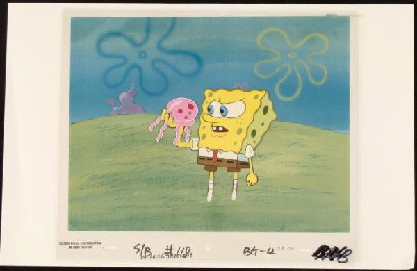 Animation Background SpongeBob Mad At Original Cel Art: This animation cel and reproduction background are from the Nickelodeon TV show SpongeBob Squarepants. The story takes place under the deep blue sea in Bikini Bottom, where Sponge