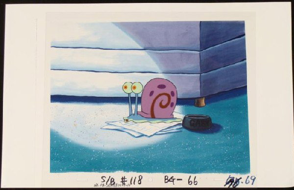 Background Cel Original Jelly Hand Animation SpongeBob: This animation cel and reproduction background are from the Nickelodeon TV show SpongeBob Squarepants. The story takes place under the deep blue sea in Bikini Bottom, where Sponge