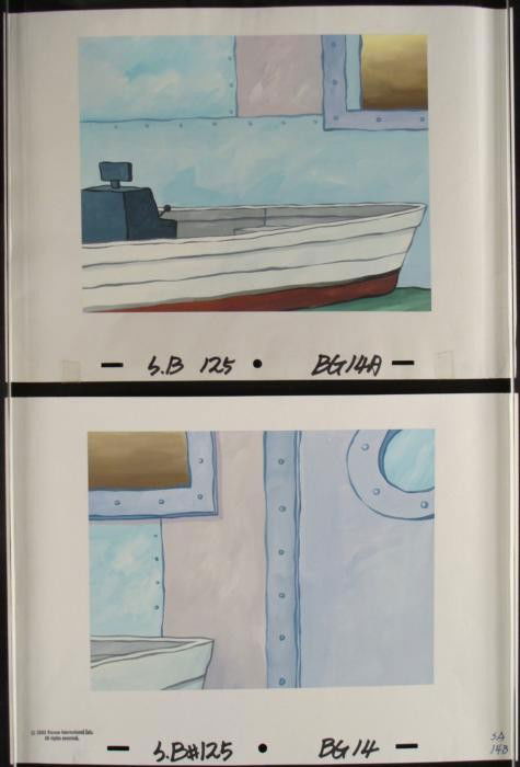 2 SpongeBob Krusty Krab Original Animation Backgrounds: These are 2 original hand-painted backgrounds from the Nickelodeon television show SpongeBob Squarepants. The story takes place under the deep blue sea in Bikini Bottom, wher