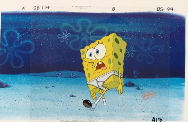 Background Device SpongeBob Original Art Cel Production: This animation cel and reproduction background are from the Nickelodeon TV show SpongeBob Squarepants. The story takes place under the deep blue sea in Bikini Bottom, where Sponge