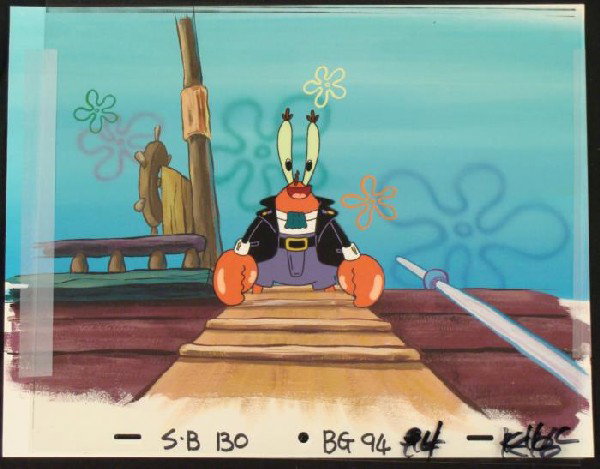 Plank Krabs Original Cel SpongeBob Background Animation: This original hand-painted background and animation cel is from the Nickelodeon TV show SpongeBob Squarepants. The story takes place under the deep blue sea in Bikini Bo