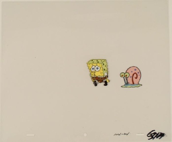 Whistling SpongeBob Original Production Art Cel Gary: This original animation cel is from the Nickelodeon TV show SpongeBob Squarepants. The story takes place under the deep blue sea in Bikini Bottom, where SpongeBob resides. Sp