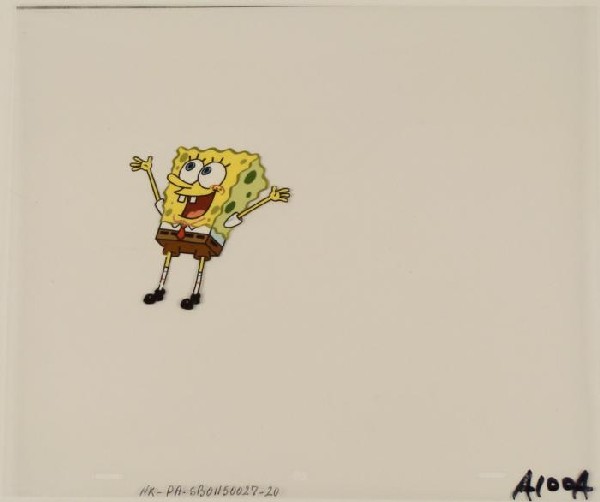 Jumping Up Original Animation Art Cel SpongeBob Arms Up: This original animation cel is from the Nickelodeon TV show SpongeBob Squarepants. The story takes place under the deep blue sea in Bikini Bottom, where SpongeBob resides. Sp