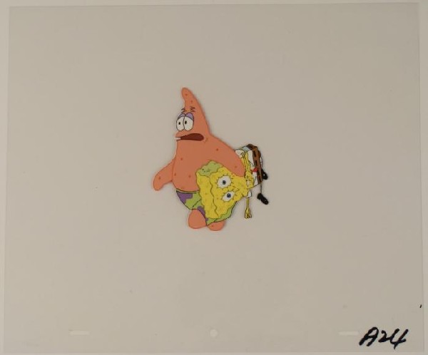 SpongeBob Carried By Patrick Orig Animation Art Cel: This original animation cel is from the Nickelodeon TV show SpongeBob Squarepants. The story takes place under the deep blue sea in Bikini Bottom, where SpongeBob resides. Sp