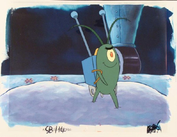 Original Animation Into SpongeBob Head Cel Background: This animation cel and reproduction background are from the Nickelodeon TV show SpongeBob Squarepants. The story takes place under the deep blue sea in Bikini Bottom, where Sponge