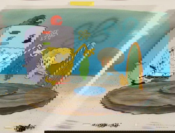 Sand Food SpongeBob Original Production Background Cel: This animation cel and reproduction background are from the Nickelodeon TV show SpongeBob Squarepants. The story takes place under the deep blue sea in Bikini Bottom, where Sponge