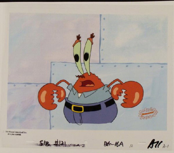 Original Anxious Animation Art Background Cel SpongeBob: This animation cel and reproduction background are from the Nickelodeon TV show SpongeBob Squarepants. The story takes place under the deep blue sea in Bikini Bottom, where Sponge