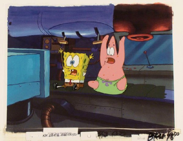 Animation Hands Up Original SpongeBob Cel Background: This animation cel and reproduction background are from the Nickelodeon TV show SpongeBob Squarepants. The story takes place under the deep blue sea in Bikini Bottom, where Sponge