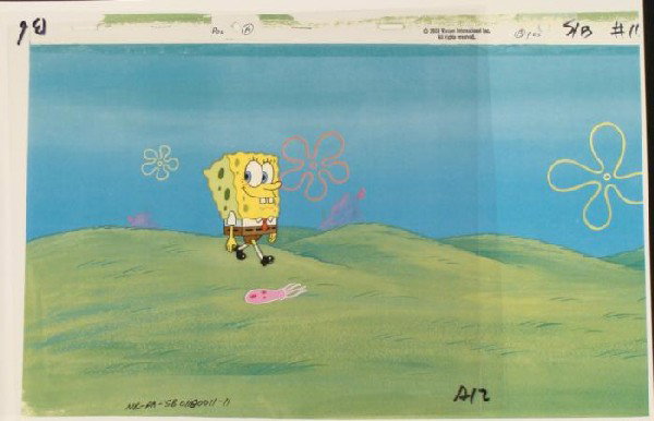 Background Cel Original SpongeBob Animation Jellyfish: This animation cel and reproduction background are from the Nickelodeon TV show SpongeBob Squarepants. The story takes place under the deep blue sea in Bikini Bottom, where Sponge