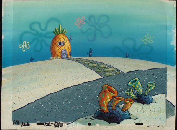 Original Background Cel Animation Art SpongeBob House: This original hand-painted background and animation cel are from the Nickelodeon TV show SpongeBob Squarepants. The story takes place under the deep blue sea in Bikini B
