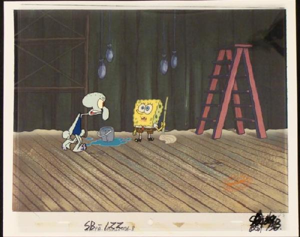 Unitard SpongeBob Animation Background Cel Art Original: This animation cel and reproduction background are from the Nickelodeon TV show SpongeBob Squarepants. The story takes place under the deep blue sea in Bikini Bottom, where Sponge