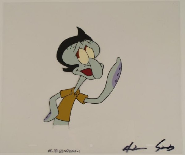 SpongeBob Squidward Crooner Original Animation Art Cel: This original animation cel is from the Nickelodeon TV show SpongeBob Squarepants. The story takes place under the deep blue sea in Bikini Bottom, where SpongeBob resides. Sp
