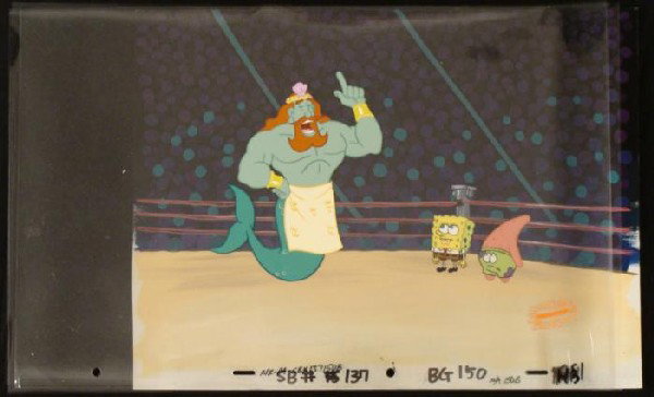 Original Keymaster SpongeBob Animation Background Cel: This original hand-painted background and animation cel are from the Nickelodeon TV show SpongeBob Squarepants. The story takes place under the deep blue sea in Bikini B