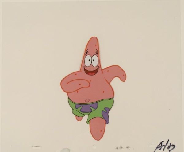 Racing Patrick Original Production SpongeBob Art Cel: This original animation cel is from the Nickelodeon TV show SpongeBob Squarepants. The story takes place under the deep blue sea in Bikini Bottom, where SpongeBob resides. Sp