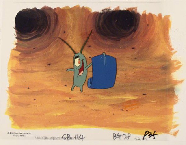 In Head SpongeBob Original Animation Art Background Cel: This animation cel and reproduction background are from the Nickelodeon TV show SpongeBob Squarepants. The story takes place under the deep blue sea in Bikini Bottom, where Sponge