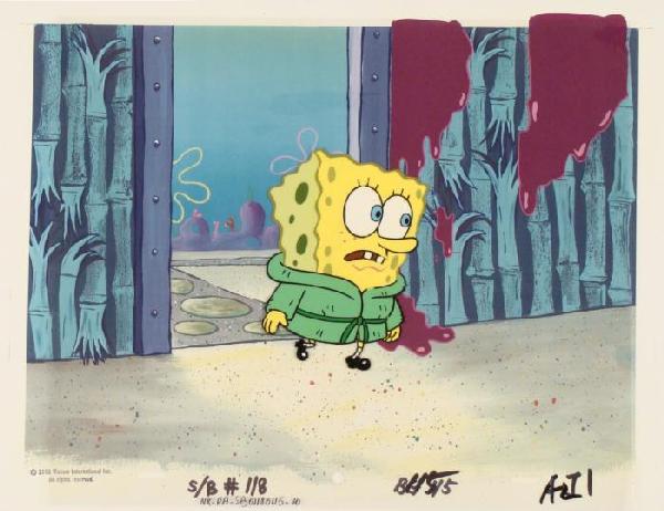 Walk In Original Art Animation SpongeBob Cel Background: This animation cel and reproduction background are from the Nickelodeon TV show SpongeBob Squarepants. The story takes place under the deep blue sea in Bikini Bottom, where Sponge