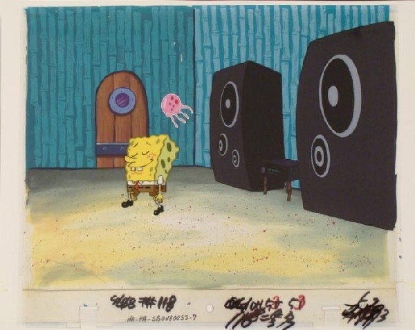 Walk Away Original SpongeBob Cel Background Animation: This animation cel and reproduction background are from the Nickelodeon TV show SpongeBob Squarepants. The story takes place under the deep blue sea in Bikini Bottom, where Sponge