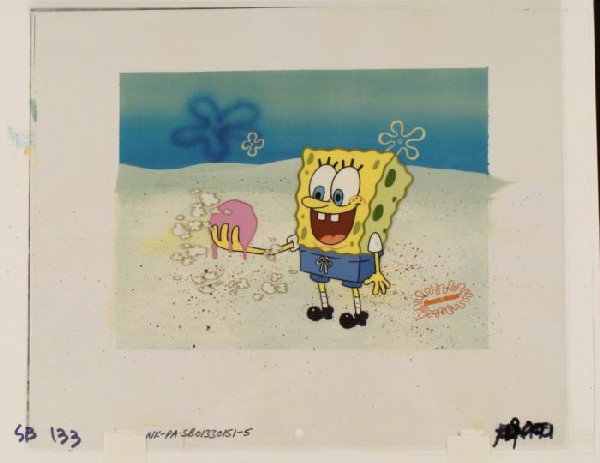 Ice Cream SpongeBob Original Production Background Cel: This animation cel and reproduction background are from the Nickelodeon TV show SpongeBob Squarepants. The story takes place under the deep blue sea in Bikini Bottom, where Sponge