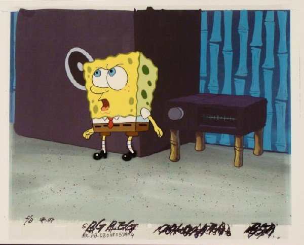 Production Sponge Original SpongeBob Cel Background Art: This animation cel and reproduction background are from the Nickelodeon TV show SpongeBob Squarepants. The story takes place under the deep blue sea in Bikini Bottom, where Sponge
