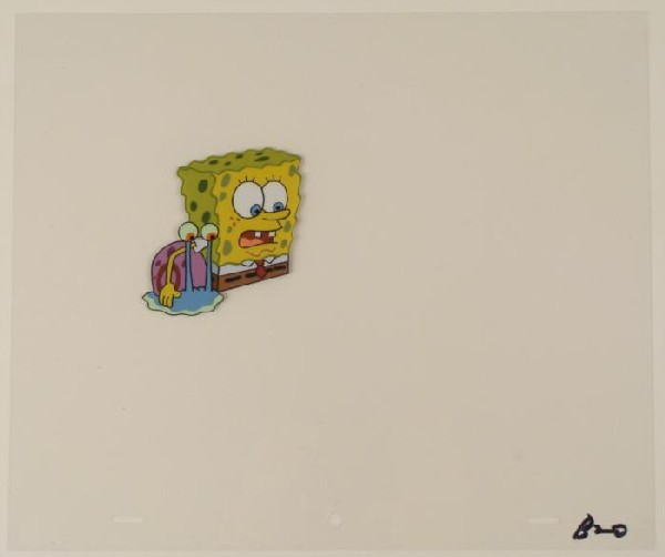 Original Spongebob Cel Production Holding Gary Art: This original animation cel is from the Nickelodeon TV show SpongeBob Squarepants. The story takes place under the deep blue sea in Bikini Bottom, where SpongeBob resides. Sp