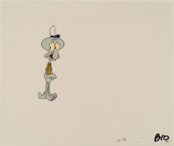 Afraid Squidward Original Animation Art SpongeBob Cel: This original animation cel is from the Nickelodeon TV show SpongeBob Squarepants. The story takes place under the deep blue sea in Bikini Bottom, where SpongeBob resides. Sp