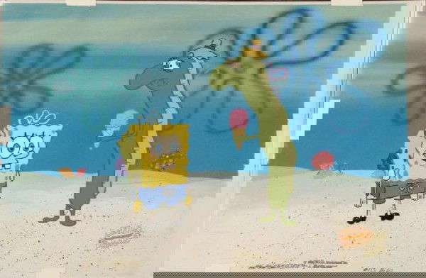 SpongeBob Cel Original Cry Eel Production Background: This animation cel and reproduction background are from the Nickelodeon TV show SpongeBob Squarepants. The story takes place under the deep blue sea in Bikini Bottom, where Sponge