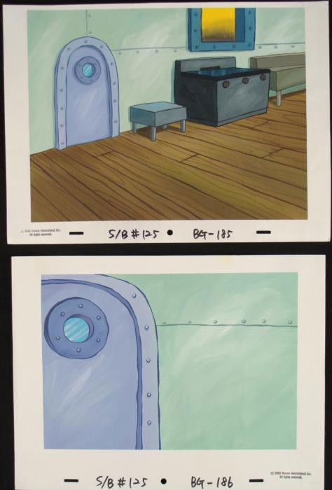 2 SpongeBob Orig Animation Backgrounds Krusty Kitchen: These are 2 original hand-painted backgrounds from the Nickelodeon television show SpongeBob Squarepants. The story takes place under the deep blue sea in Bikini Bottom, wher