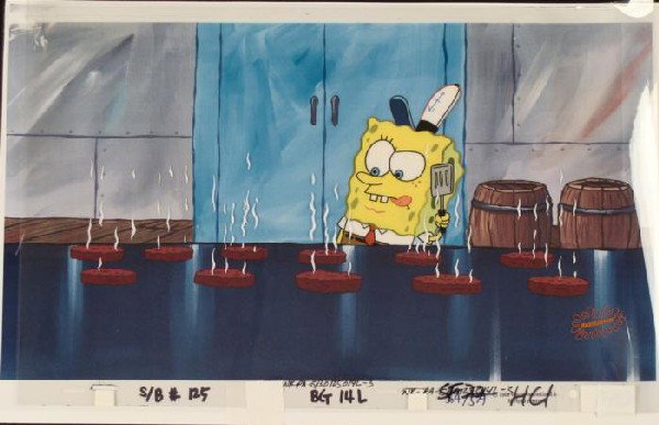 Cook Grill Original Cel SpongeBob Background Production: This animation cel and reproduction background are from the Nickelodeon TV show SpongeBob Squarepants. The story takes place under the deep blue sea in Bikini Bottom, where Sponge