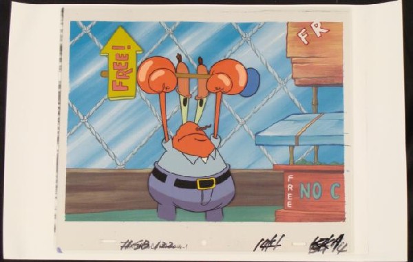Production Original Cel SpongeBob Background Free Krabs: This original hand-painted background and animation cel are from the Nickelodeon TV show SpongeBob Squarepants. The story takes place under the deep blue sea in Bikini B