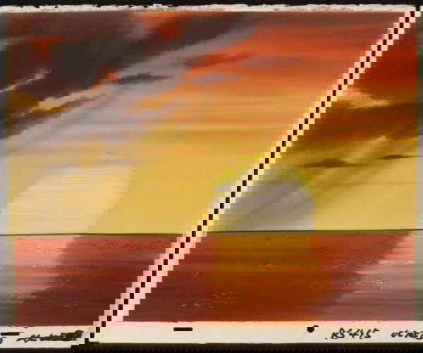 Cel Ren and Stimpy Original Background Animation Sunset: This original production art cel and background is from the Nickelodeon TV show Ren & Stimpy. The show follows two characters - Ren, a crazy Chihuahua - and - Stimpy, an incredibly stupi