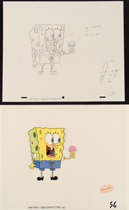 SpongeBob At Beach Original Drawing Animation Cel Art: This original animation cel is from the Nickelodeon TV show SpongeBob Squarepants. The story takes place under the deep blue sea in Bikini Bottom, where SpongeBob resides. Sp