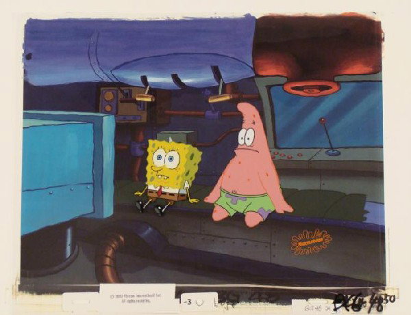 Bench Sit SpongeBob Original Production Cel Background: This animation cel and reproduction background are from the Nickelodeon TV show SpongeBob Squarepants. The story takes place under the deep blue sea in Bikini Bottom, where Sponge