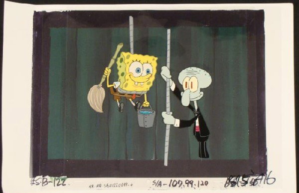Animation SpongeBob Cleaning Background Cel Original: This animation cel and reproduction background are from the Nickelodeon TV show SpongeBob Squarepants. The story takes place under the deep blue sea in Bikini Bottom, where Sponge