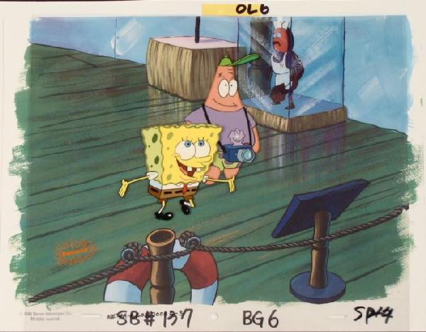 Original SpongeBob Production Background Art Cel Museum: This animation cel and reproduction background are from the Nickelodeon TV show SpongeBob Squarepants. The story takes place under the deep blue sea in Bikini Bottom, where Sponge