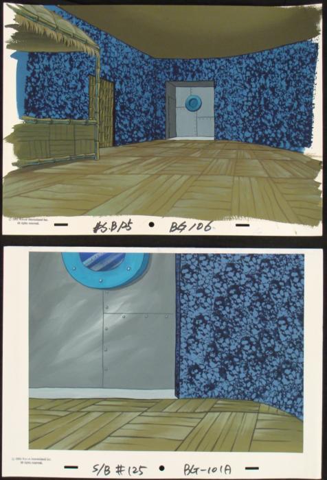 2 SpongeBob Orig Animation Backgrounds Squidwards Room: These are 2 original hand-painted backgrounds from the Nickelodeon television show SpongeBob Squarepants. The story takes place under the deep blue sea in Bikini Bottom, wher