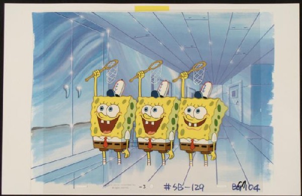 Three SpongeBob Original Art Cel Production Background: This animation cel and reproduction background are from the Nickelodeon TV show SpongeBob Squarepants. The story takes place under the deep blue sea in Bikini Bottom, where Sponge