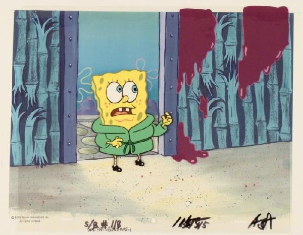 Animation Slime Wall Original SpongeBob Cel Background: This animation cel and reproduction background are from the Nickelodeon TV show SpongeBob Squarepants. The story takes place under the deep blue sea in Bikini Bottom, where Sponge