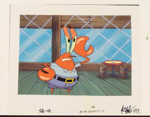 Original Cel Background Annoyed Production SpongeBob: This animation cel and reproduction background are from the Nickelodeon TV show SpongeBob Squarepants. The story takes place under the deep blue sea in Bikini Bottom, where Sponge