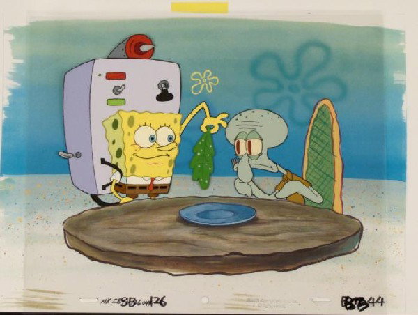 Clean Leaf Background SpongeBob Cel Animation Original: This animation cel and reproduction background are from the Nickelodeon TV show SpongeBob Squarepants. The story takes place under the deep blue sea in Bikini Bottom, where Sponge
