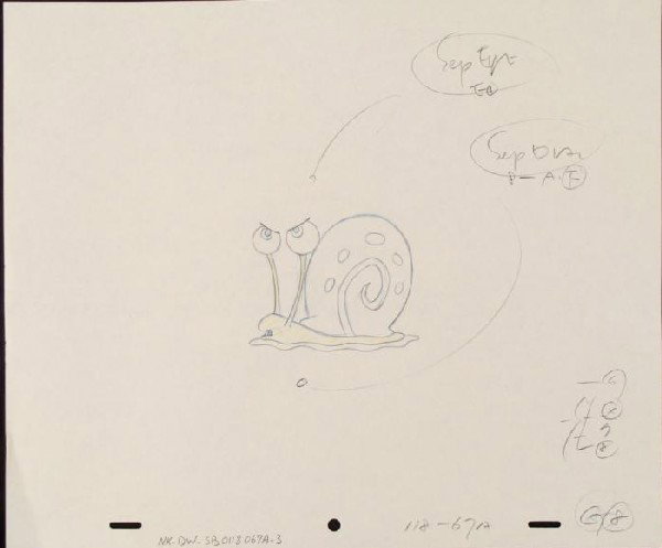 Gary Snail Animation Art Original SpongeBob Drawing: This original animation art pencil drawing was done for SpongeBob Squarepants. The notations say various letters and number. Shown here is Gary. The story takes place under the deep b