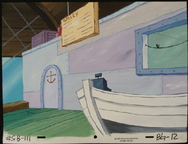 Art Background Animation SpongeBob Original Galley: This original hand-painted background from the Nickelodeon TV show SpongeBob Squarepants. The story takes place under the deep blue sea in Bikini Bottom, where SpongeBob resi
