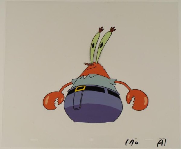 SpongeBob Original Art Cel Production Happy Mr. Krabs: This original animation cel is from the Nickelodeon TV show SpongeBob Squarepants. The story takes place under the deep blue sea in Bikini Botto
