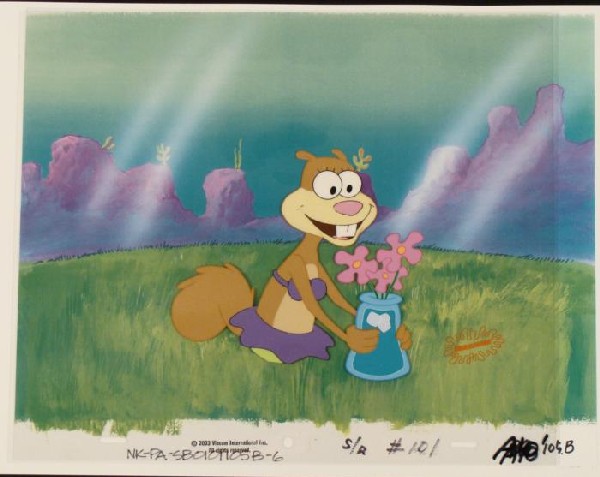 Original Vase Sandy Background SpongeBob Cel Production: This animation cel and reproduction background are from the Nickelodeon TV show SpongeBob Squarepants. The story takes place under the deep blue sea in Bikini Bottom, where Sponge