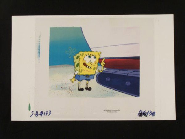 Production Background Cel SpongeBob Finger Original: This original hand-painted background and animation cel is from the Nickelodeon TV show SpongeBob Squarepants. The story takes place under the deep blue sea in Bikini Bo