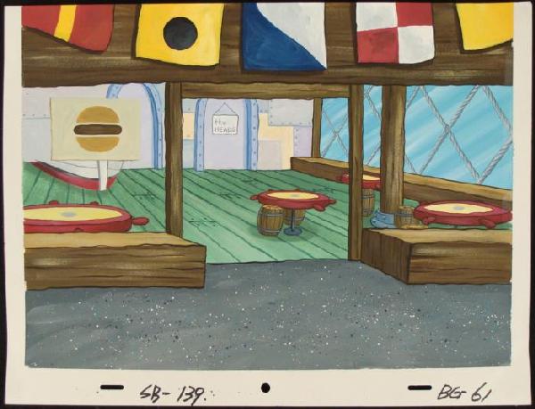 Background Art Come On In Spongebob Production Original: This original hand-painted background from the Nickelodeon TV show SpongeBob Squarepants. The story takes place under the deep blue sea in Bikini Bottom, where SpongeBob resi